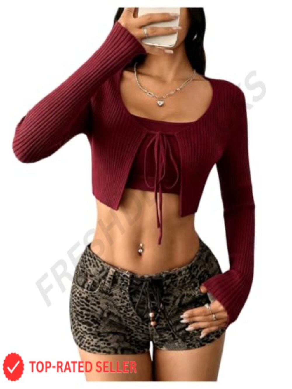 Women's Tie Front Crop Rib Knit Top Long Sleeve Shrug Cardigan